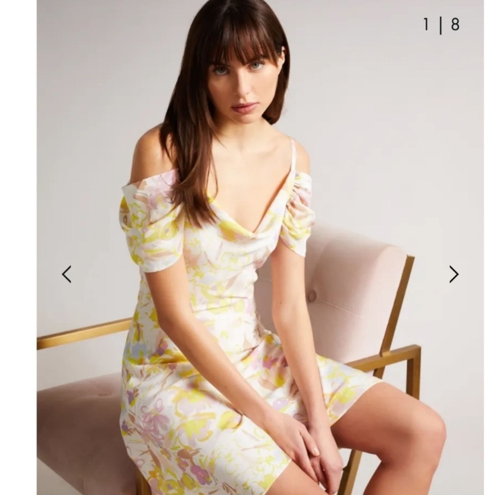 Ted Baker Camily Ivory Floral Cowl Neck Cold Shoulder Mini Dress Size 3